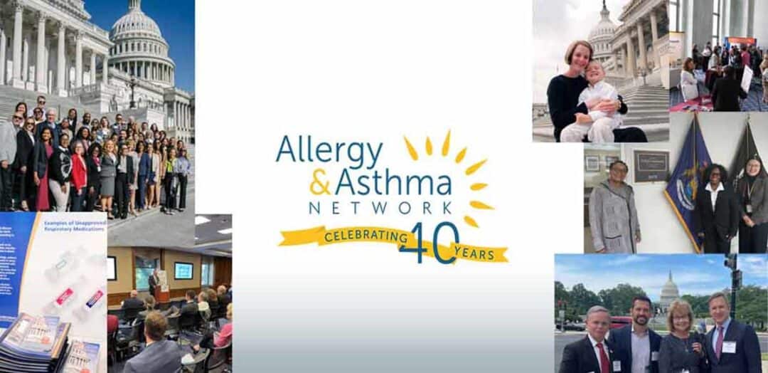 Collage showing people at the U.S. Capitol, meetings, and conferences, with the Allergy & Asthma Network 40th anniversary logo in the center.