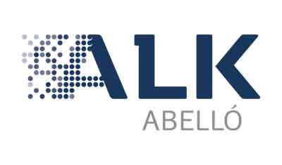 Logo of ALK Abelló, featuring the word "ALK" in blue with a pixelated design on the left side and "ABELLO" written in smaller grey letters beneath it.