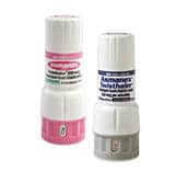 Image of two cylindrical inhalers. The one on the left has a pink label, and the one on the right has a blue label. Both inhalers are standing upright on a white background.