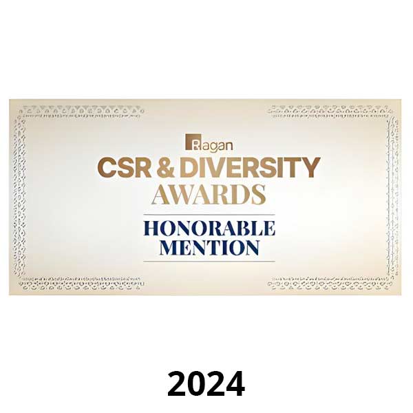 Trusted Messengers 15 Award certificate with decorative border. Text reads: "Ragan CSR & Diversity Awards Honorable Mention." Year shown below is 2024.
