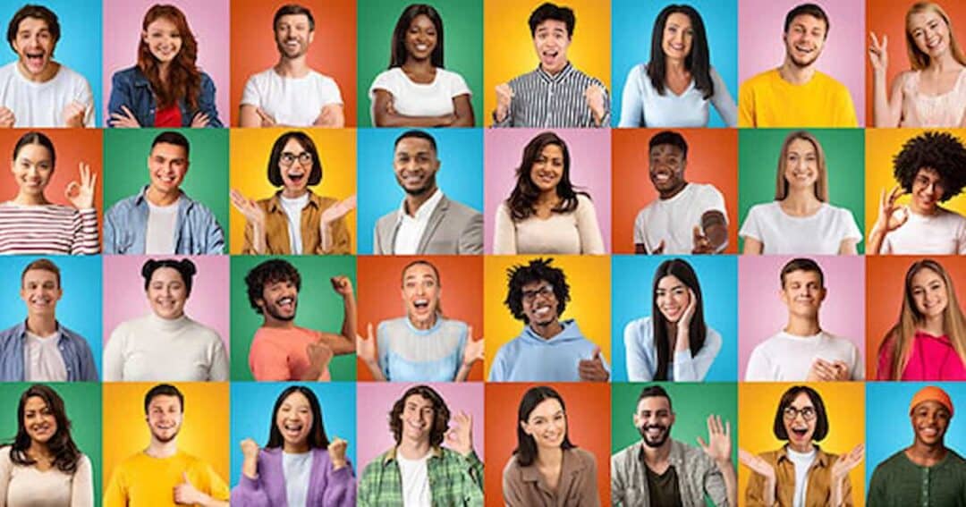 A colorful collage of 30 diverse people in individual squares. Each person is expressing different emotions and gestures, set against vibrant backgrounds of various colors. The group includes a mix of ages, styles, and expressions.