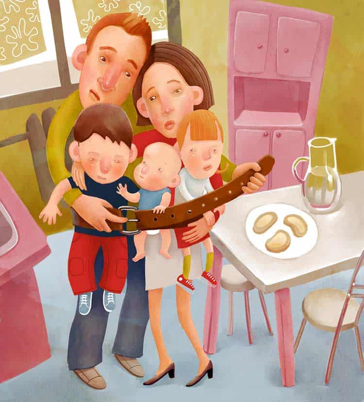 A cartoon family stands in a kitchen, each holding a portion of a large belt. The father, mother, and three children are illustrated with exaggerated features, and there are three cookies on the table next to a glass jug.