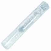 A transparent glass test tube, tilted and empty, on a white background.