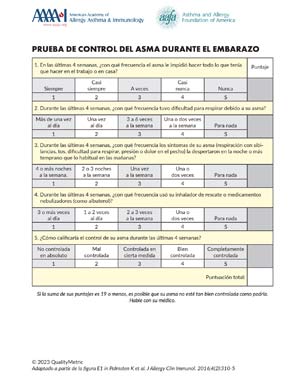 An asthma control test in Spanish, featuring questions about breathing difficulty during pregnancy over a four-week period, with response options numbered from 1 to 5 and a scoring guide at the bottom. Logos from AAAAI and AAFA are at the top.
