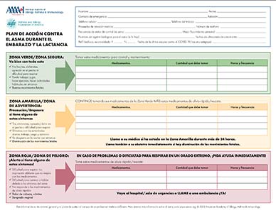 Asthma action plan chart for pregnancy and breastfeeding in Spanish. Includes green, yellow, and red zones with sections for medication, symptoms, and emergency steps. Features fields for patient and doctor information.