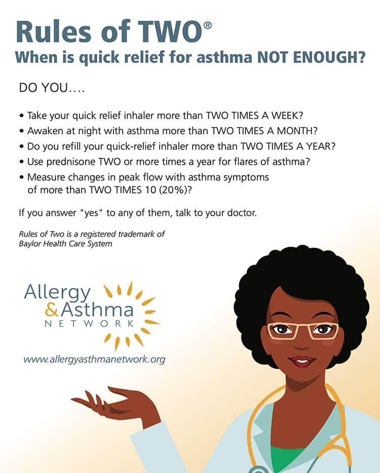 Illustration of a healthcare professional pointing to a list titled "Rules of TWO®". The list includes questions about asthma symptoms and medication use. The bottom features the Allergy & Asthma Network logo and their website URL.