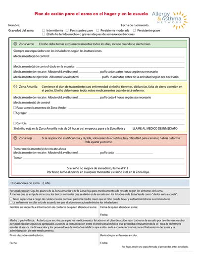 A Spanish-language asthma action plan chart titled "Plan de acción para el asma en el hogar y en la escuela." It includes sections with color codes: green, yellow, and red, detailing the steps and medications for varying asthma severity. Logos on the top right.