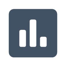 Icon depicting a simple bar chart with three vertical bars of varying heights inside a dark gray square with rounded corners, on a white background.