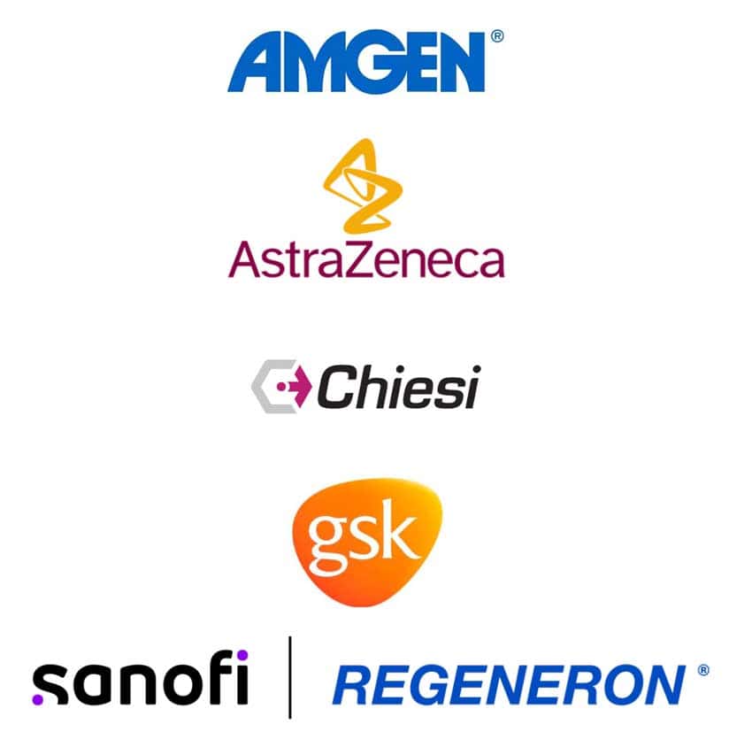 Logos of pharmaceutical companies: Amgen, AstraZeneca, Chiesi, GSK, Sanofi, and Regeneron, arranged vertically. The logos feature their respective brand colors and styles.