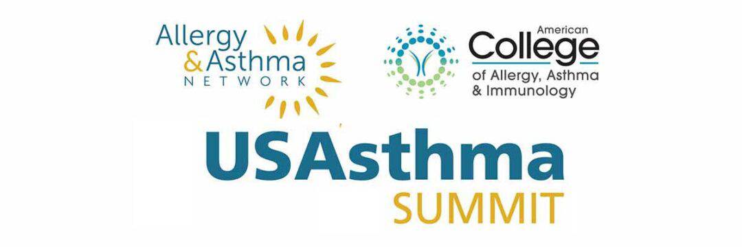 Logos for the Allergy & Asthma Network and the American College of Allergy, Asthma & Immunology appear above the text "USAsthma Summit." The Allergy & Asthma Network logo features a sunburst design.