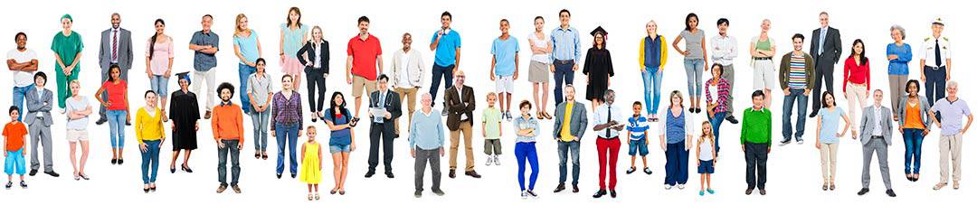 Health Equity in Allergies, Asthma and Immunology 4 A diverse group of people, including adults and children, lined up against a white background. They display various professions, clothing styles, and postures, representing a wide array of ages, ethnicities, and identities.
