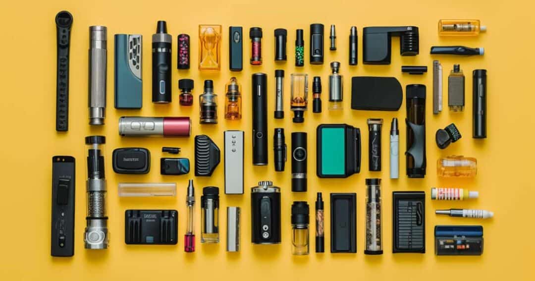 A variety of vaping devices and accessories are neatly arranged on a yellow background. The collection includes different sizes and colors of vape pens, cartridges, tanks, and chargers, showcasing diverse designs and styles.