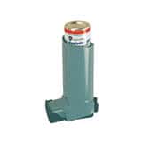 A gray asthma inhaler with a red and white cap sits upright on a white background.
