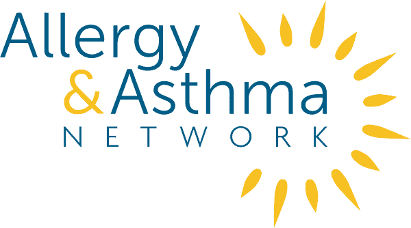 The logo of Allergy & Asthma Network features elegant blue text, complemented by a radiant sun design with vivid yellow rays on the right.
