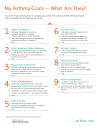 An infographic titled "My Asthma Goals — What Are They?" lists nine goals for managing asthma, including tracking symptoms, taking daily medicines, using rescue inhalers, reducing triggers, involving others, regular provider visits, and having an emergency plan.