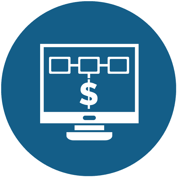 Icon of a computer screen displaying a flowchart with a dollar sign, set against a blue circular background.