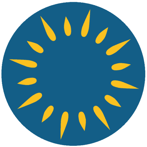 A blue circle featuring a stylized yellow sunburst pattern with 20 pointed rays radiating outward from its center.