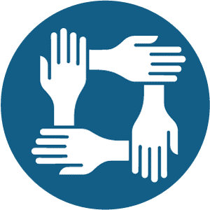 A blue circle with four white hands, each holding the wrist of the next hand, forming a square shape.