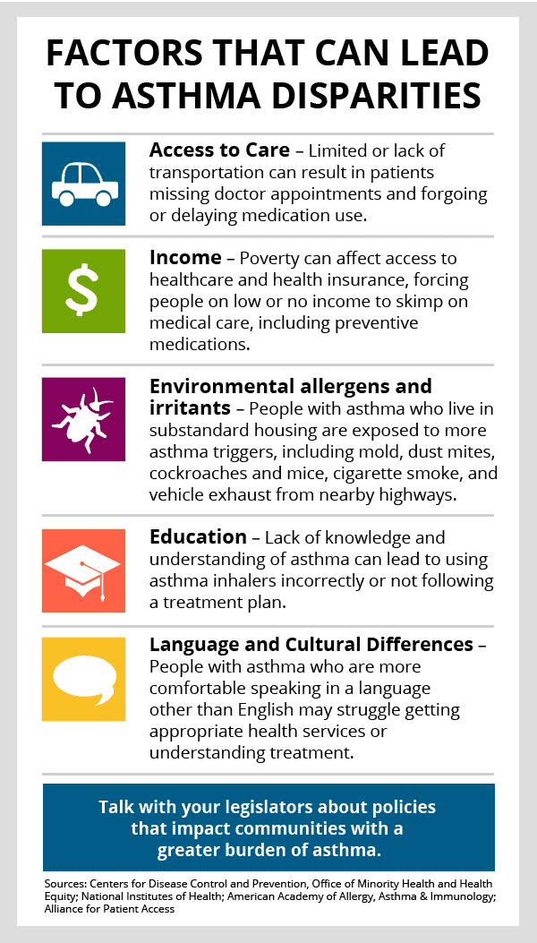 Health Equity in Allergies, Asthma and Immunology 3 Infographic titled "Factors That Can Lead to Asthma Disparities" outlines four main factors: Access to Care, Income, Environmental Allergens and Irritants, and Education. It highlights language and cultural differences as well. Includes a call to action.
