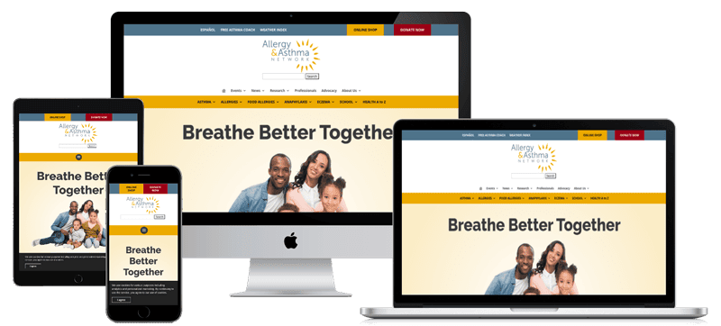 A website homepage displayed on various devices—phone, tablet, laptop, and desktop—showcasing a smiling family and the text "Breathe Better Together." The website belongs to Allergy & Asthma Network.