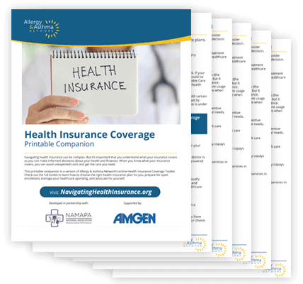 A stack of documents titled "Health Insurance Coverage Printable Companion." The top sheet features a person holding a notebook with "HEALTH INSURANCE" written on it. Logos for Allergy & Asthma Network, NAMAPA, and Amgen are also visible.