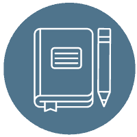 Double the Donation 2 Icon of a book with a bookmark and a pencil on a blue circular background. The book cover has a rectangle with horizontal lines, suggesting text. The design is simple and outlined in white.