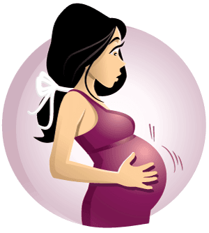 Illustration of a pregnant woman with long black hair wearing a sleeveless pink dress. She is gently holding her belly with both hands, and there are lines indicating movement. The background is a soft pink circle.