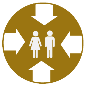 Allergy and Asthma Research 2 A brown circle with two white human figures, one resembling a female and the other a male, in the center. Four white arrows point towards them from the top, bottom, left, and right.