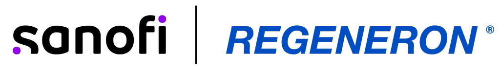 USAsthma Summit 2023: Is Asthma Remission Possible? 10 Logos of two companies: Sanofi with black text and a purple dot over the 'i', and Regeneron in blue, uppercase letters. Both logos are separated by a vertical line. The image has a transparent background.